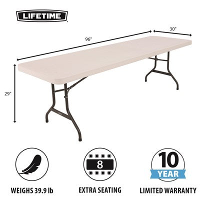 Lifetime 8 ft commercial folding table measuring 96 by 30 inches, seats up to 8 people, lightweight design with 10-year warranty