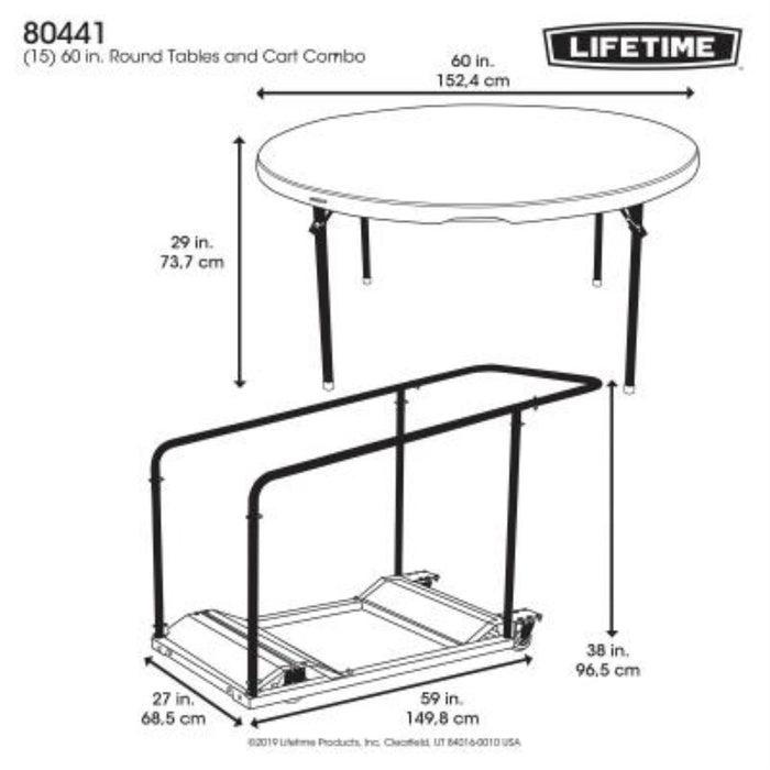 Lifetime 80441 15 Pack 60in round tables and cart combo with table and cart dimensions illustrated