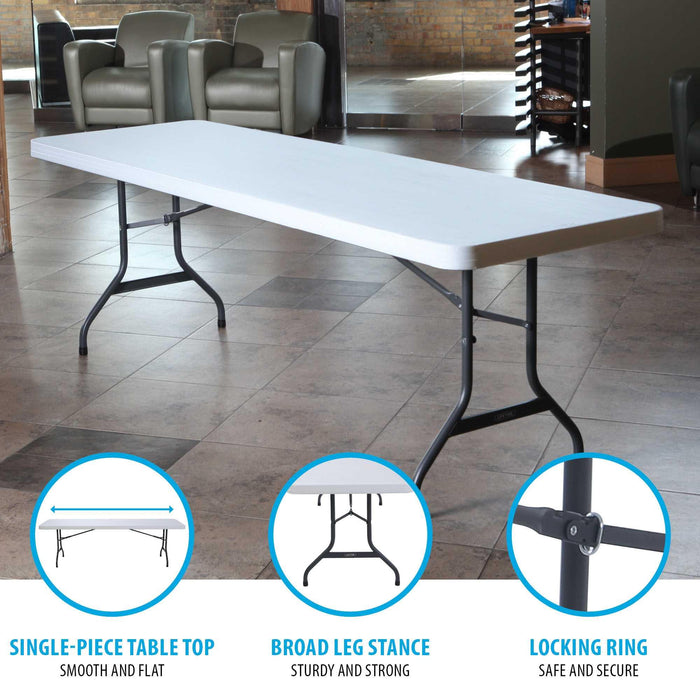 Single-piece tabletop and broad leg stance of Lifetime 4 Pack 8-Foot Rectangle Folding Table with locking ring detail