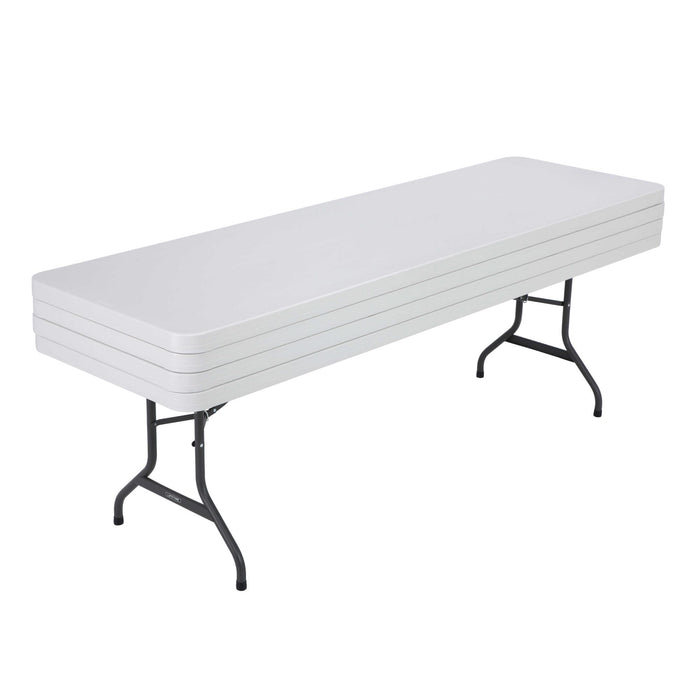 Stacked Lifetime 4 Pack 8-Foot Rectangle Folding Tables showing compact storage and folding design