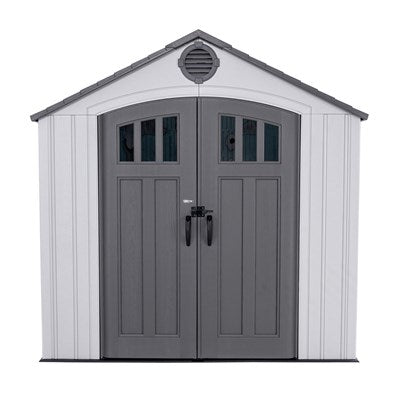 Front view of the Lifetime 8x10 Shed showing the elegant gray double doors with windows.