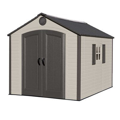 Studio product shot of the Lifetime 8x10 ft. storage shed, front angle, closed doors, window with shutters.