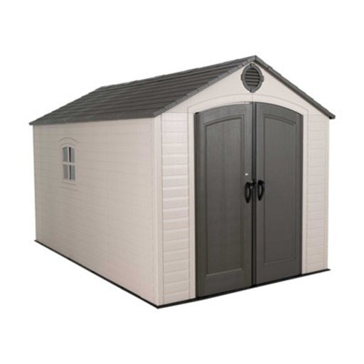 Studio product shot of the Lifetime 8x12.5 ft. storage shed, front angle, closed doors, white background.