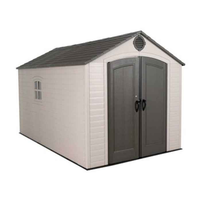 Studio product shot of the Lifetime 8x12.5 ft. storage shed, front angle, closed doors, white background.