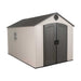 Studio product shot of the Lifetime 8x12.5 ft. storage shed, front angle, closed doors, white background.