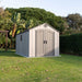 Lifetime 8x15 ft. outdoor storage shed shown from the front angle in a backyard, closed double doors.