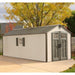 Lifetime 8x20 ft. storage shed installed on a driveway with autumn trees, front angle view with closed doors.