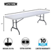 Lifetime 96 x 30 inch folding table with dimensions shown, seats 8 people, weighs 39.9 lb, backed by a 10-year limited warranty.