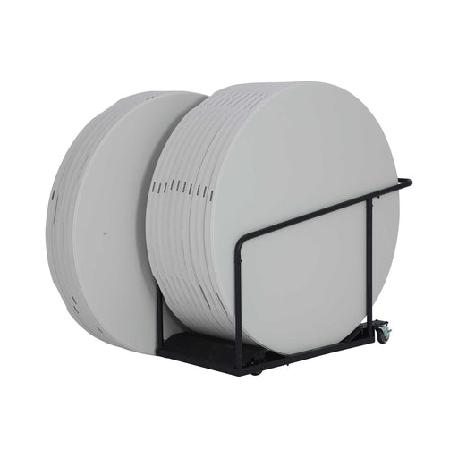 Side view of Lifetime almond 15 Pack 60in round tables stored upright on rolling cart