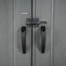 Close-up of the Lifetime-branded door handles and slider latch on the dual entry storage shed.
