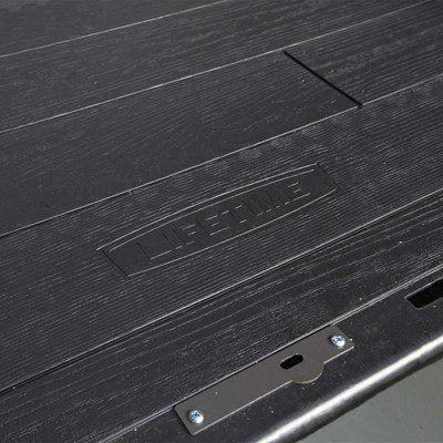 Close-up of the Lifetime-branded door panel showing the wood-grain texture detail.
