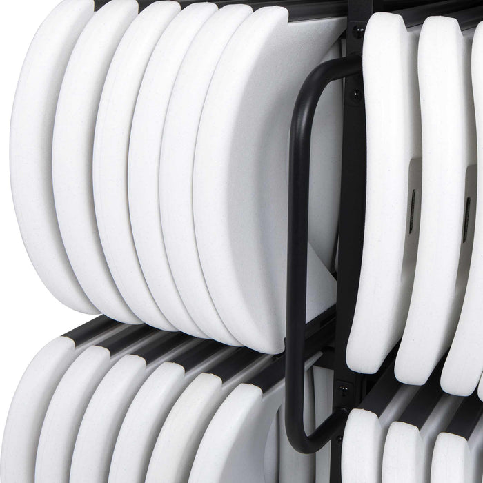 Close up of Lifetime chair cart side stack frame detail with white commercial folding chairs securely organized on steel rails