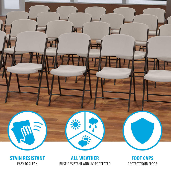Putty Lifetime 4-Pack Classic Folding Chair arranged in rows for indoor event with stain resistant all weather features