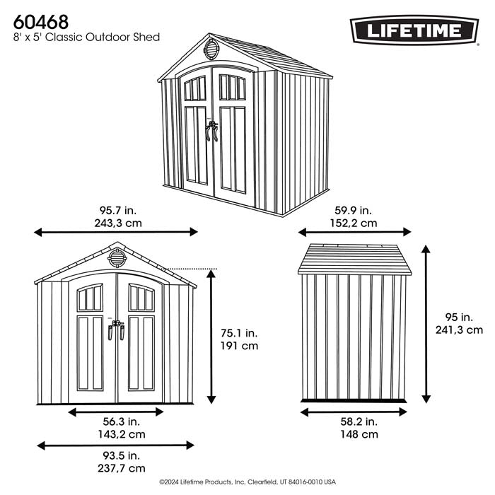 Diagram showing the dimensions of the Lifetime 8x5 Shed in inches and centimeters.