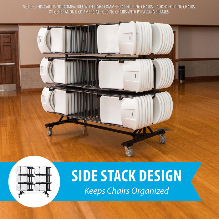 Lifetime Commercial Folding Chair Cart with side stack design keeping chairs organized in gymnasium with rolling casters