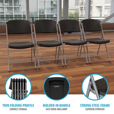Lifetime Commercial Folding Chair with thin folding profile, molded-in handle, and strong steel frame for compact storage and durability