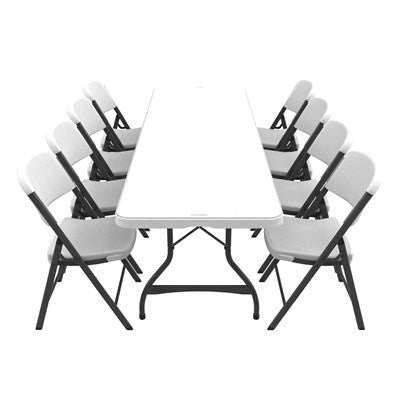 Lifetime Commercial Folding Table And Chairs Set with 8ft rectangular table and 8 white folding chairs for events, meetings, and banquets