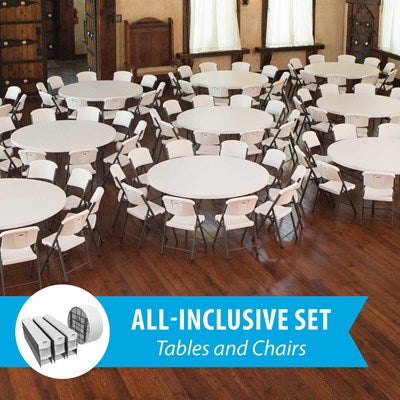 Lifetime Commercial Round Tables and Chairs Set arranged in banquet hall with wood floors, perfect for weddings, parties, and large events