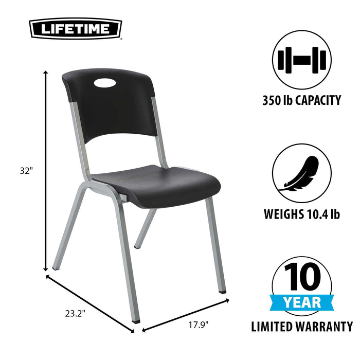 Lifetime commercial stacking chair with 32 inch height, 23.2 inch depth and 17.9 inch width, supports 350 lb capacity and lightweight 10.4 lb frame
