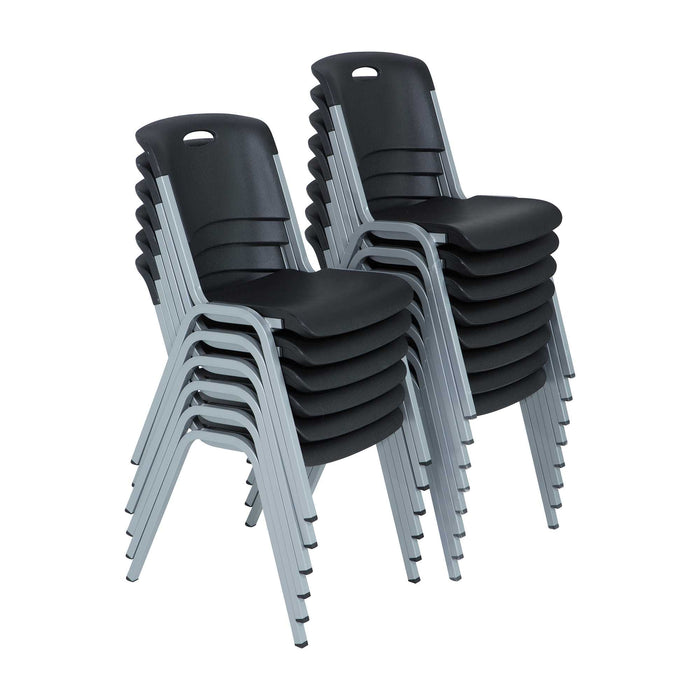 Stack of Lifetime commercial stacking chairs in black with gray steel frame, contoured seat and back, space-saving design for events and offices