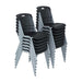 Stack of Lifetime commercial stacking chairs in black with gray steel frame, contoured seat and back, space-saving design for events and offices