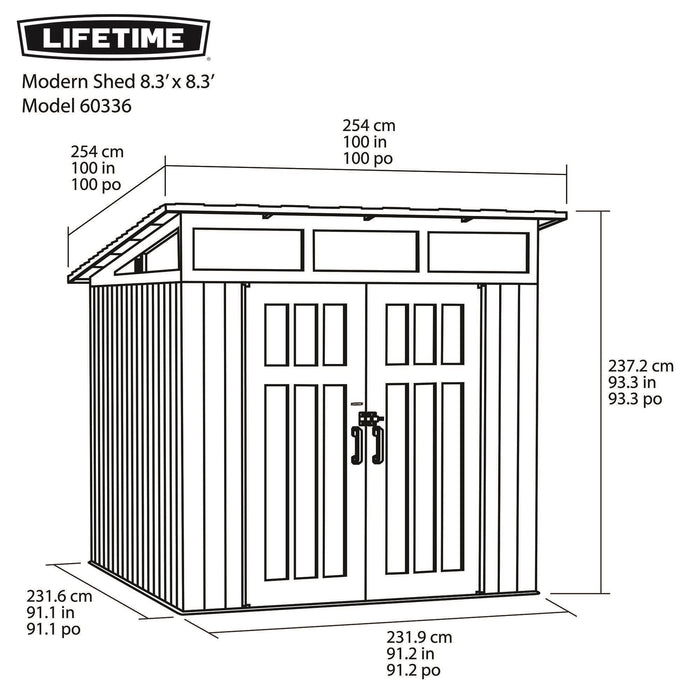 Technical dimension diagram of the Lifetime Farmhouse Shed Model 60336, showing 254x254 cm footprint, 237.2 cm height, with labeled measurements in cm and inches