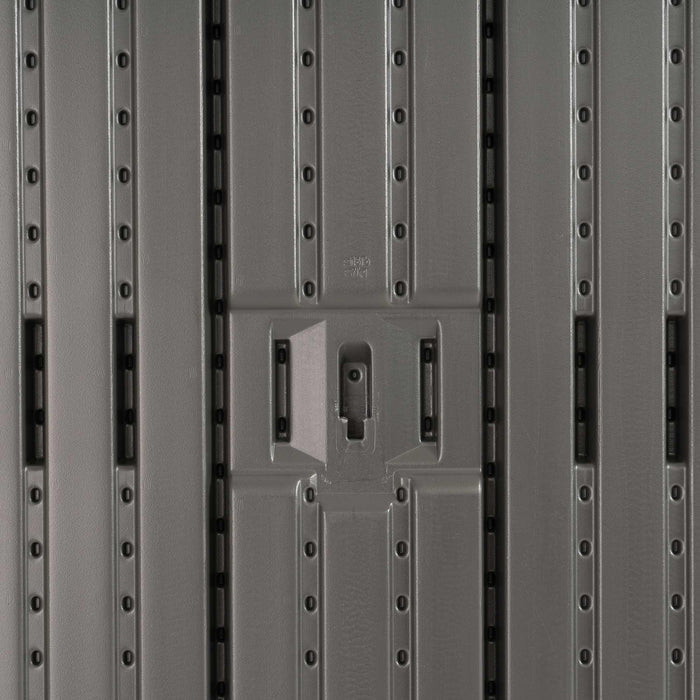 Close-up of the Lifetime 60542 Farmhouse Shed interior wall panel showing vertical slotted track system with a centered all-purpose hook mounting bracket