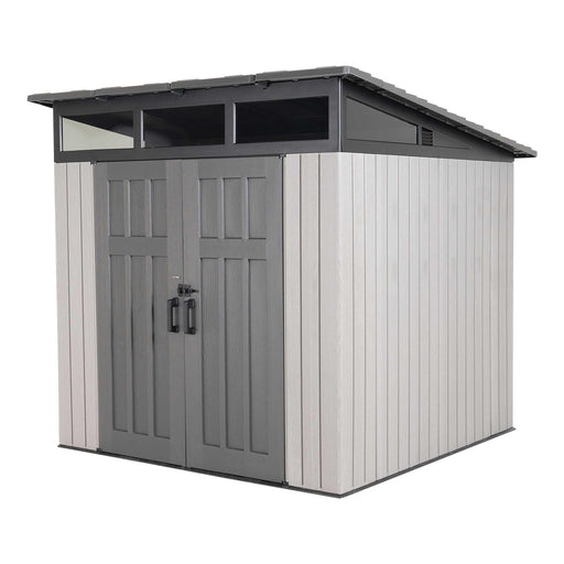 Light gray 8.3x8.3 ft outdoor storage shed with wood-grain panels, dark double doors, skylight windows, and sloped roof on white background — Lifetime 60542