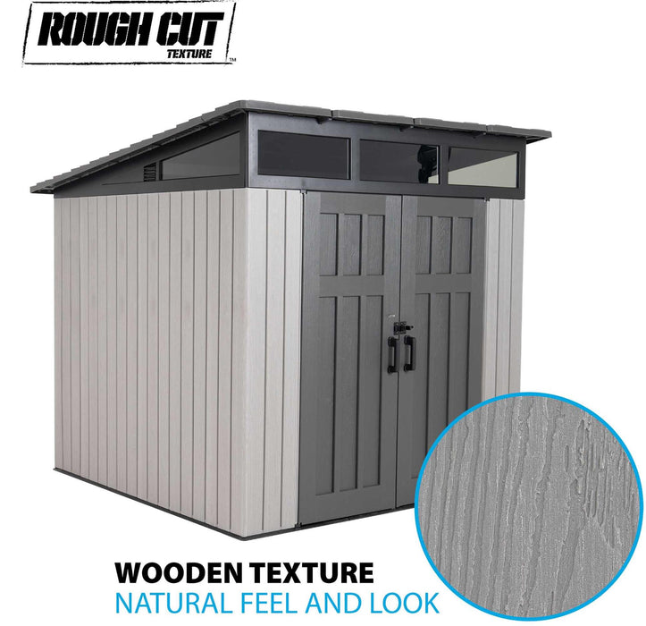 Lifetime 8.3x8.3 Ft Farmhouse Storage Shed 60542 with Rough Cut Texture, natural wood-look gray panels, dark roof, double doors, and skylight windows