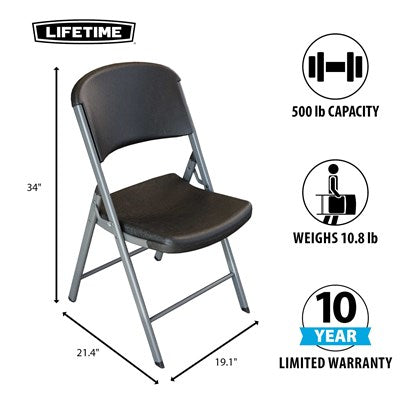 Lifetime folding chair with 500 lb weight capacity, 34 inch height, 10 year limited warranty, lightweight 10.8 lb commercial design