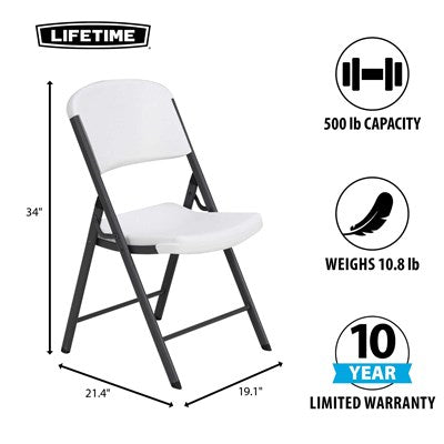 Lifetime folding chair with 500 lb capacity, 34 inch height, 21.4 inch width and 19.1 inch depth, lightweight 10.8 lb design with 10 year warranty