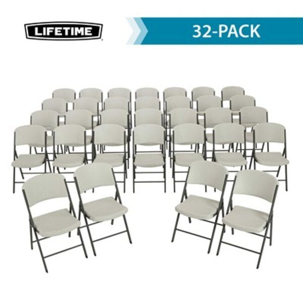 Lifetime folding chairs 32-pack, studio shot of all chairs arranged in rows, white background.