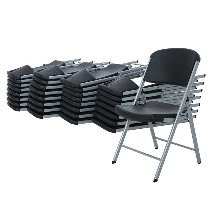 Stacked black folding chairs included in Lifetime 8-Foot Table and 32 Chairs Combo