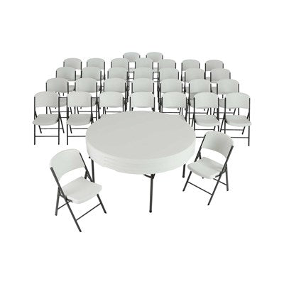 Commercial round folding table with white Lifetime folding chairs included in Lifetime Commercial Folding Tables and Chairs Set