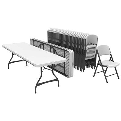 Lifetime folding table with stack of folding chairs, commercial grade plastic tabletop and steel frame ideal for parties and catering setups