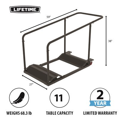 Lifetime folding table storage cart with 11 table capacity, heavy-duty frame, smooth-rolling wheels, and 2-year limited warranty