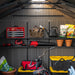 A large Lifetime 20x8 storage shed interior featuring a tool chest, gardening supplies, bags of potting mix, plant pots, and various tools organized on shelves.