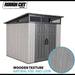 Lifetime Modern Shed with Rough Cut texture badge, showing the wood-grain wall panel texture.