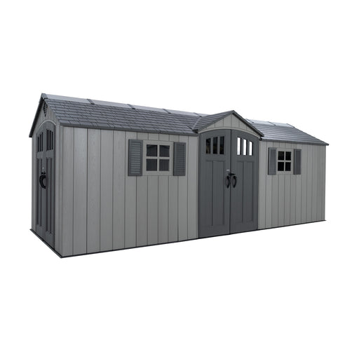 A large, gray Lifetime 20x8 outdoor storage shed with double doors, windows, and a sloped roof.