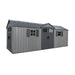 A large, gray Lifetime 20x8 outdoor storage shed with double doors, windows, and a sloped roof.