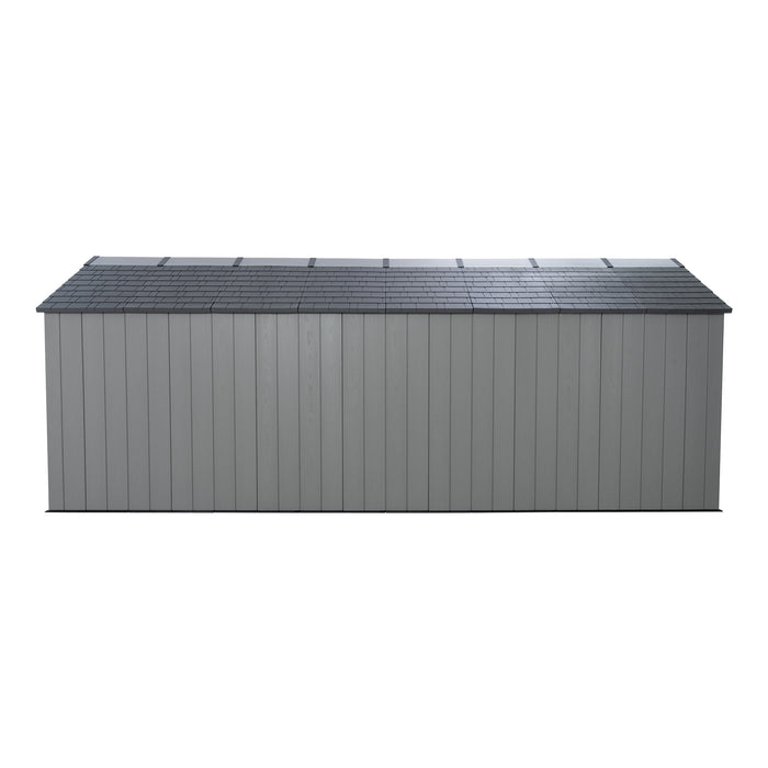 A light gray Lifetime 20' x 8' outdoor storage shed with a dark gray roof and wood grain texture. 