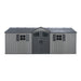 Gray Lifetime 20 ft. x 8 ft. outdoor storage shed with double doors, windows, and a sloped roof in a white background.
