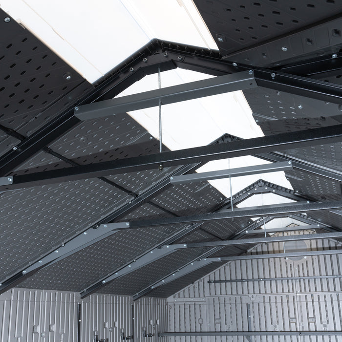 Interior view of the roof of a Lifetime 20x8 shed, showing the skylights and the support structure.