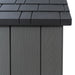 Close-up of the roof and siding on a Lifetime 20x8 outdoor storage shed, showing the dark grey shingle-style roof and light gray wood grain texture of the walls. 
