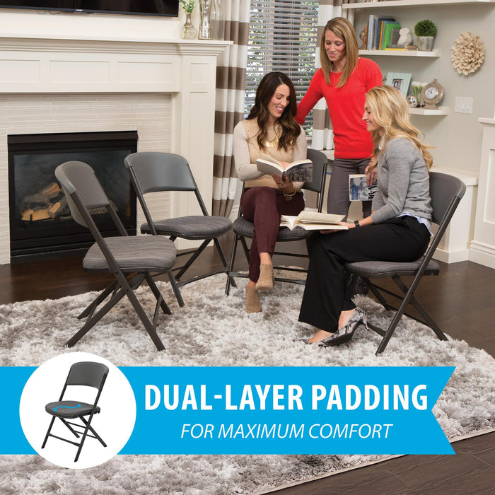 Dual layer padding feature of Lifetime 4 Pack Padded Folding Chair shown in living room setting for comfort.
