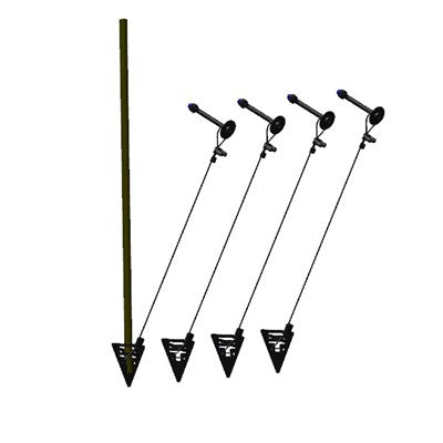 Lifetime Playset Anchor kit featuring Four triangular ground anchors with cables connected to a vertical post.