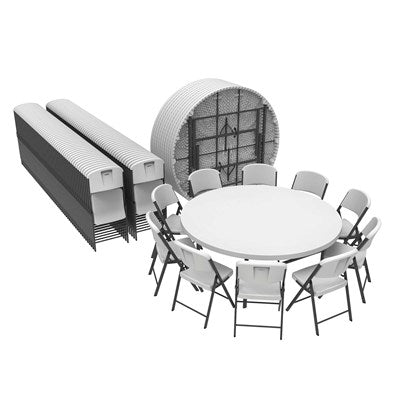 Lifetime round folding table and chair set with stacked storage view, durable commercial furniture for weddings and gatherings