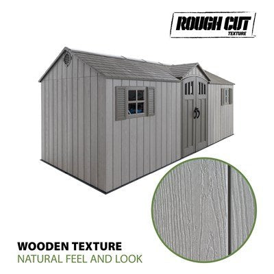 Lifetime 20x8 ft. storage shed with Rough Cut texture badge, showing the wood-grain wall panel texture.