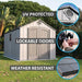 Lifetime 8x15 ft. storage shed feature callouts: UV protected, lockable doors, and weather resistant construction.
