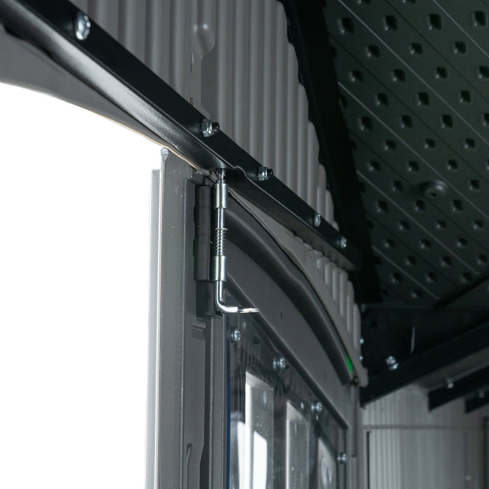Close-up of the door hinge and skylight on a Lifetime 20x8 outdoor storage shed, showcasing the sturdy construction and natural light features.